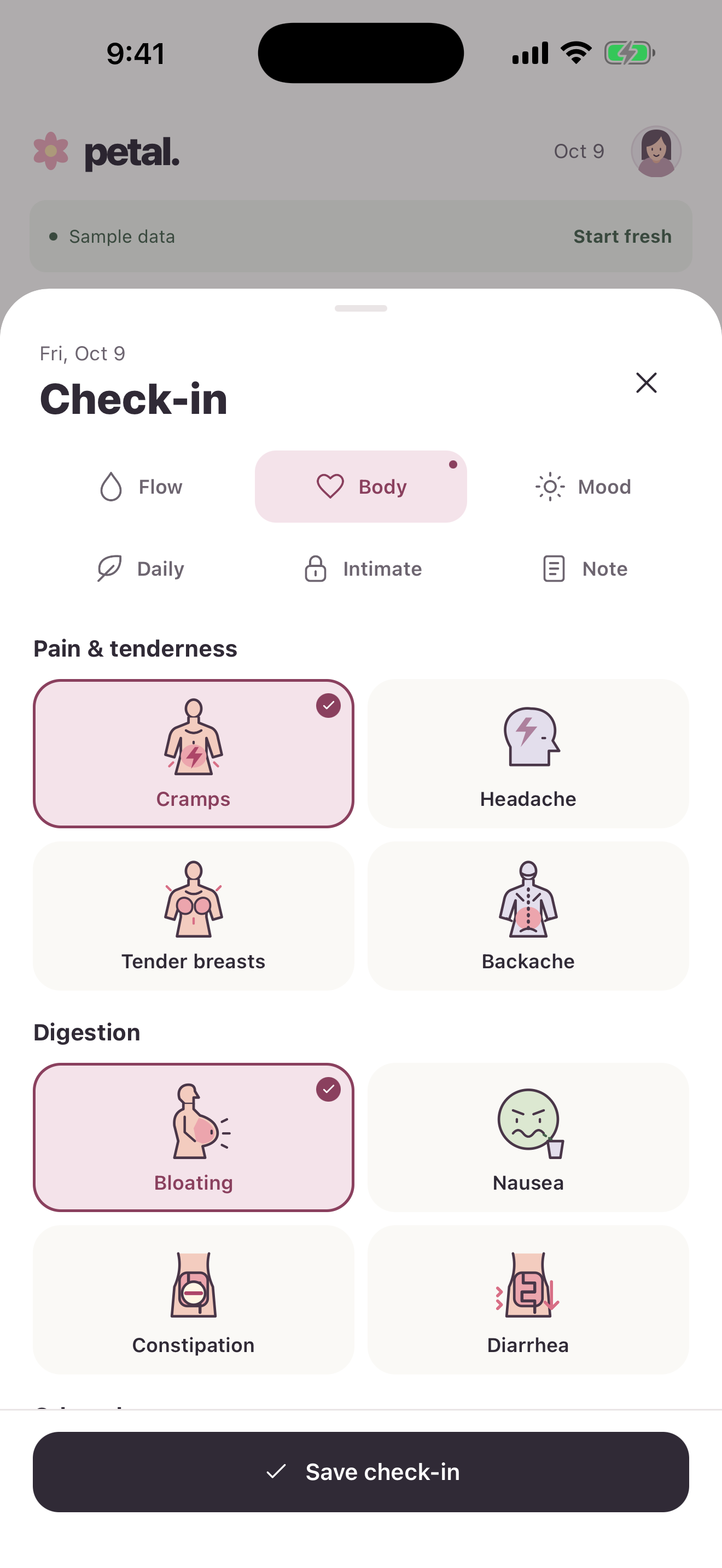Petal's illustrated body check-in, with cramps, tender breasts, backache, and digestion symptoms. Sample data.