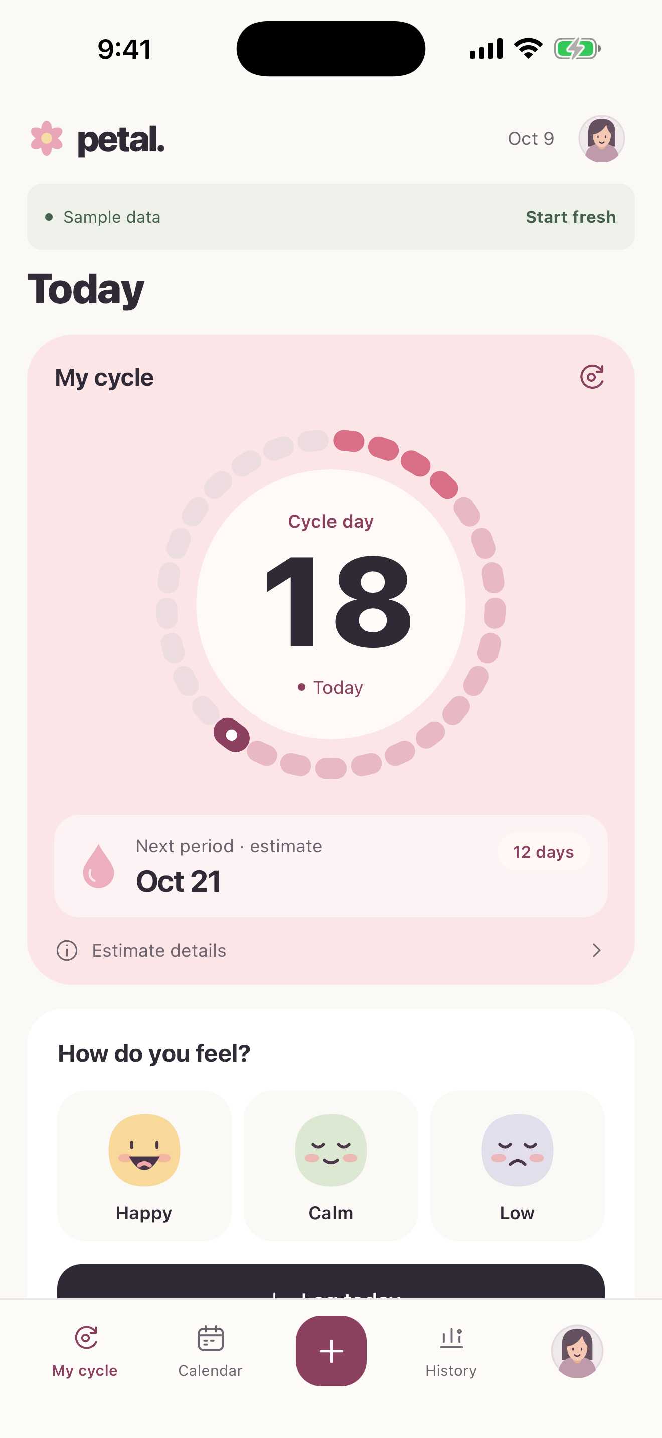 Petal's Today screen, showing a visual cycle ring, period estimate, and mood check-in using sample data.